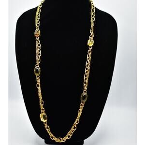 Sparkling Sage Cabochon Station Necklace Crystal Antiqued Gold Tone Chain BinA